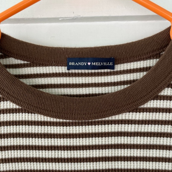 Brandy Melville | Brown & Cream Striped Waffle Knit Long Sleeve Top Size Medium - Picture 4 of 6